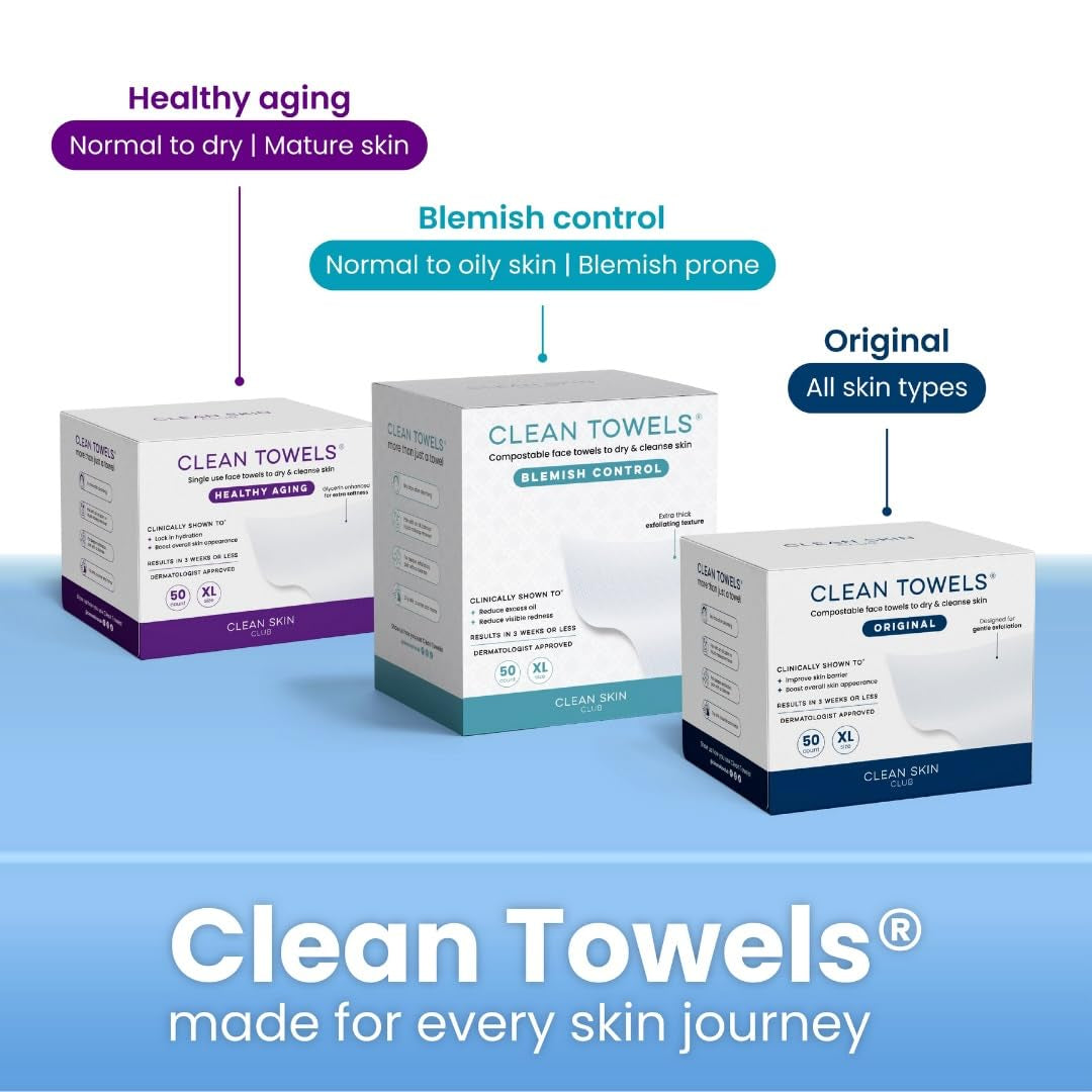 Clean Towels XL™, 100% USDA Biobased Face Towel, Disposable Face Towelette, Eczema Association Accepted, Makeup Remover Dry Wipes, Ultra Soft, 50 Ct, 1 Pack