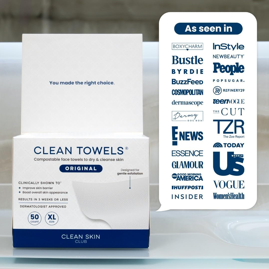 Clean Towels XL™, 100% USDA Biobased Face Towel, Disposable Face Towelette, Eczema Association Accepted, Makeup Remover Dry Wipes, Ultra Soft, 50 Ct, 1 Pack